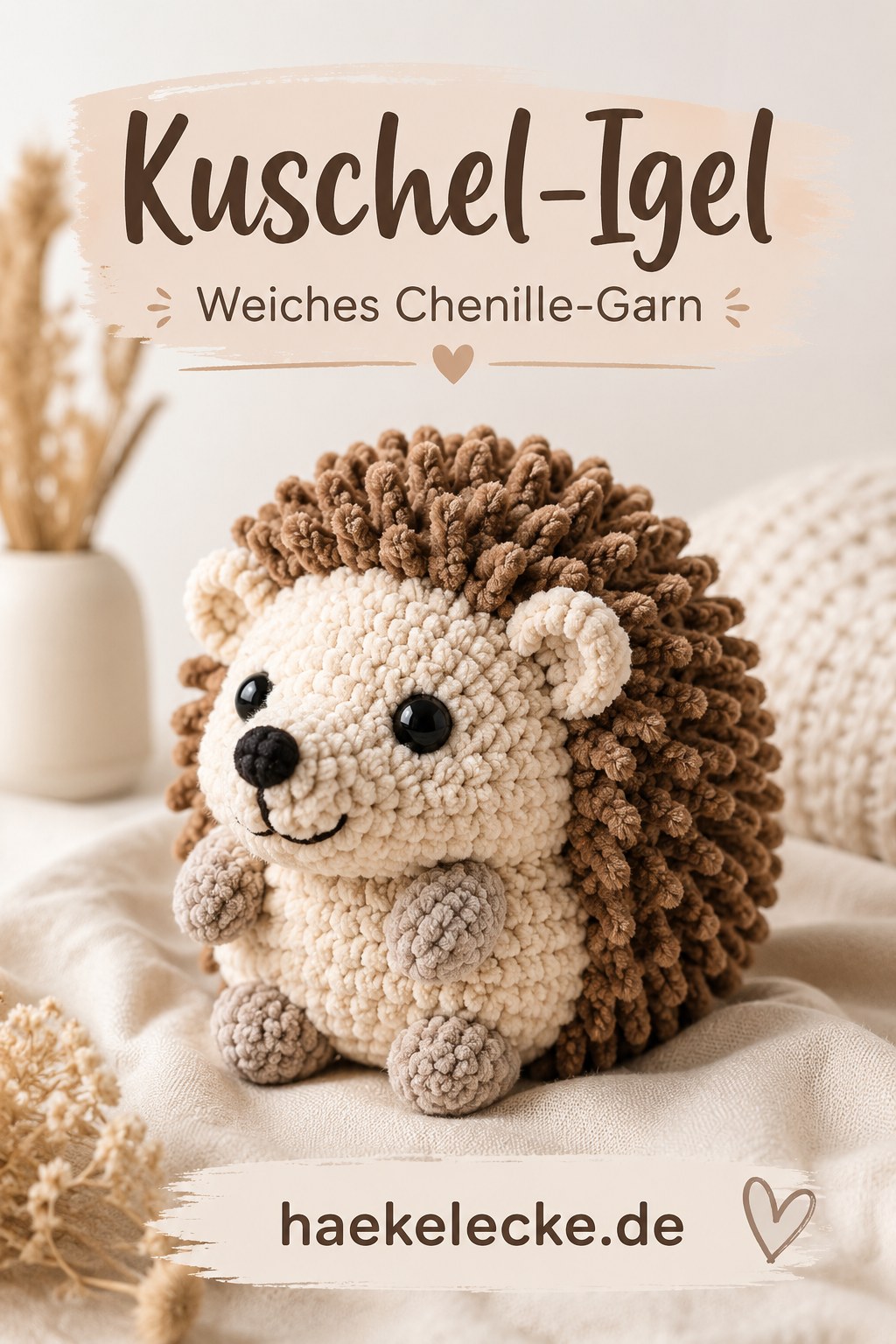 Kuschel-Igel aus flauschigem Chenille-Garn mit weichen Stacheln und freundlichem Gesicht