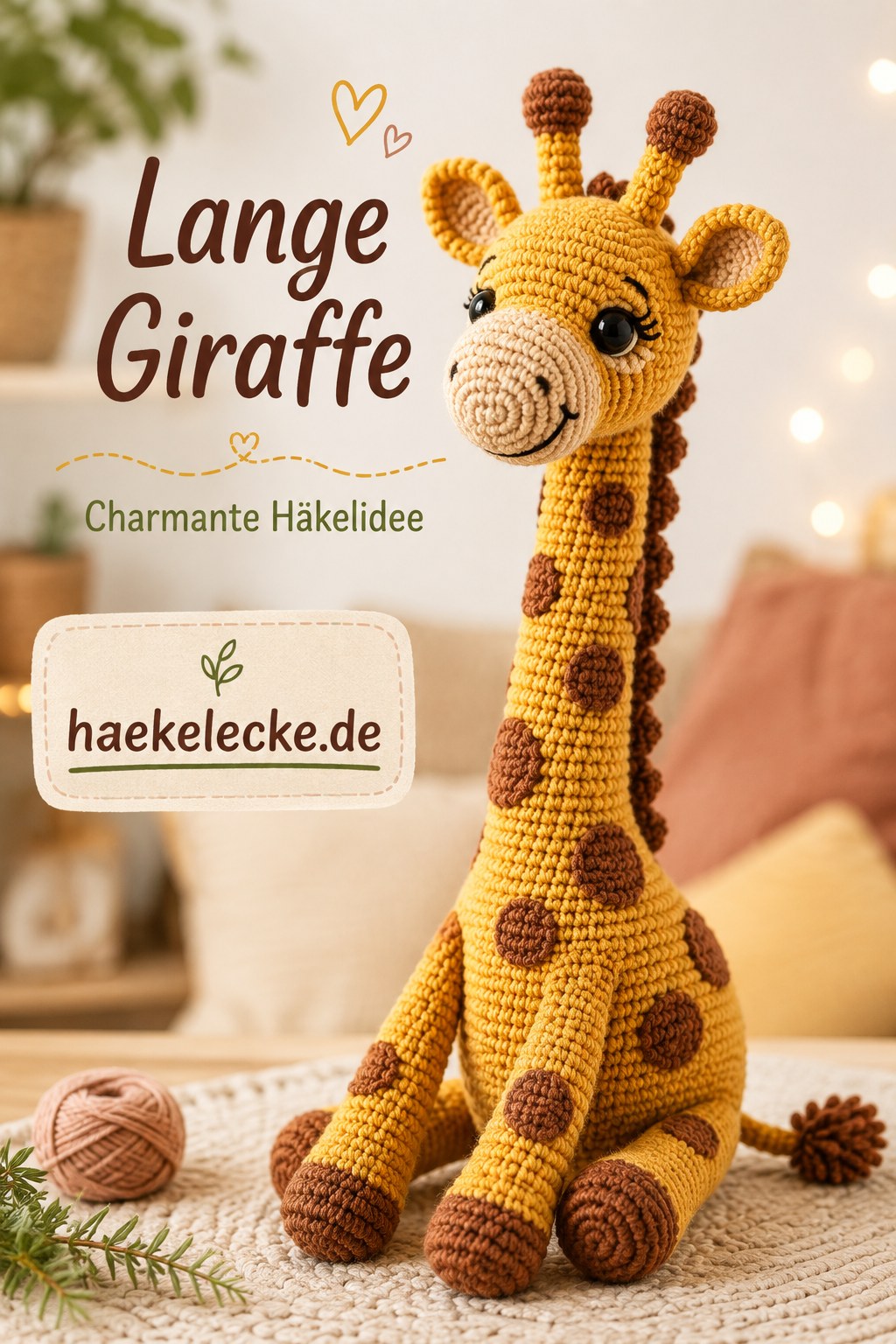 Lange Giraffe als stehendes Amigurumi mit gestrecktem Hals und Drahtstütze im Inneren