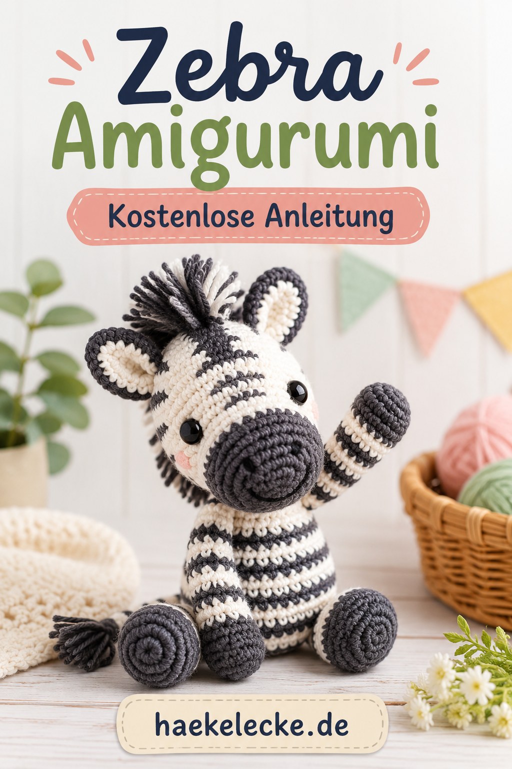 Gestreiftes Zebra-Amigurumi mit schwarzer Mähne, sitzend zwischen bunten Wollknäueln