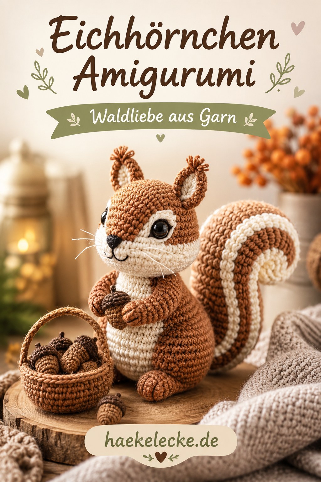 Eichhörnchen-Amigurumi mit buschigem Schwanz hält eine gehäkelte Eichel in den Pfoten